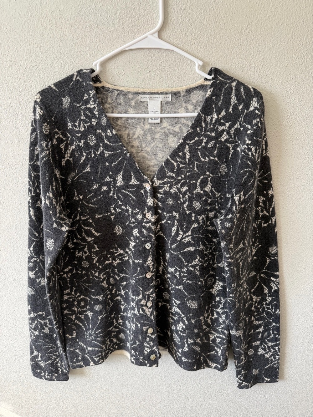 Sarah Spencer Lambswool & Angora Floral Print Cardigan Quiet Luxury Cozy Soft